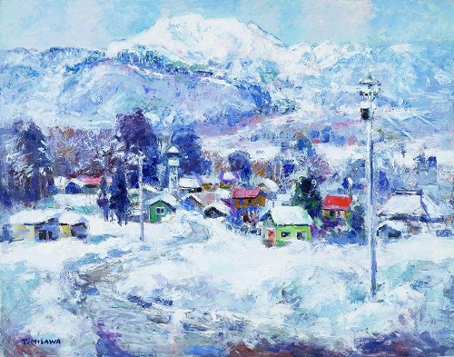 雪の信濃町（戸隠山） F50　白日会展 2001年