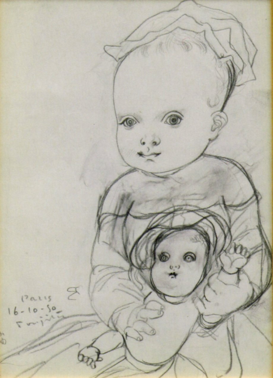 人形を持つ子供（君代夫人コレクション）鉛筆･紙